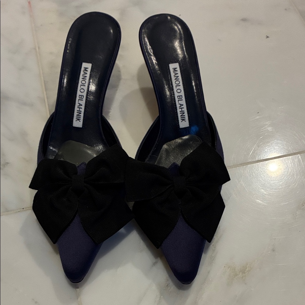 Manolo Blahnik Women's Navy Blue Satin Copena Mules with Black Grosgrain Bow